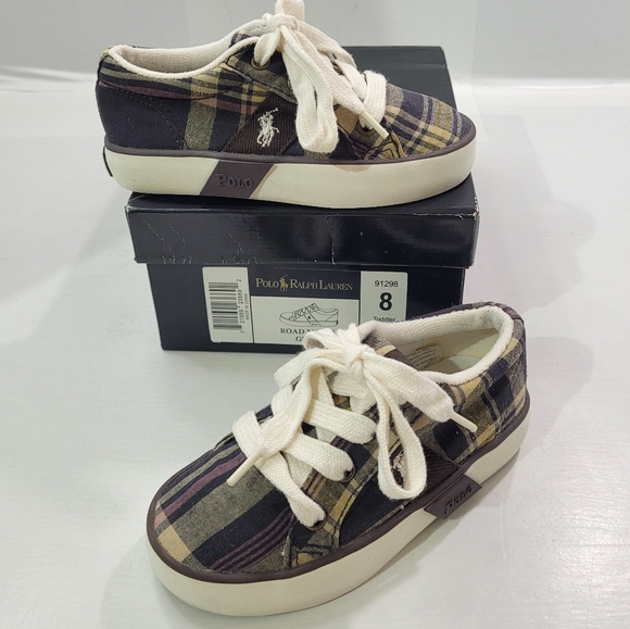 POLO RALPH LAUREN ROAD MULTI GILES TODDLER MADRAS PLAID SHOES SIZE 8 - Picture 1 of 14